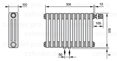 Схема (чертеж) Радиатор Zehnder Charleston 3050/11 №V008 Белый глянцевый RAL 9016